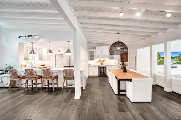 Interior, Kitchen, Pendant Lights, Water, Wood Texture Flooring