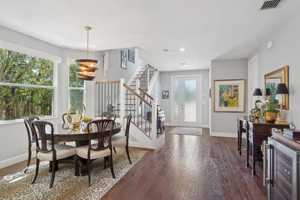 Dining room, Interior, Pendant Lights, Recessed Lighting, Wood Texture Flooring