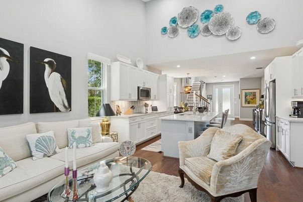 Dining room, Interior, Kitchen, Living room, Pendant Lights, Recessed Lighting, Stainless Steel Appliances, Wood Texture Flooring