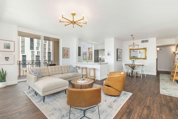 Dining room, Interior, Living room, Pendant Lights, Wood Texture Flooring