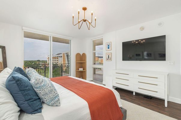 Bedroom, Chandelier, Interior, Pendant Lights, Wood Texture Flooring