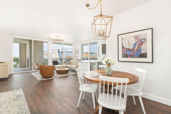 Dining room, Interior, Living room, Pendant Lights, Wood Texture Flooring