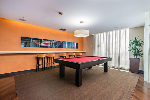 Billiard Table, Game Room, Interior, Pendant Lights, Recessed Lighting, Wood Texture Flooring