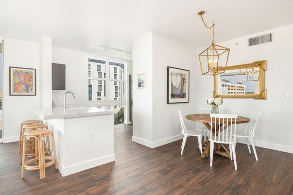 Dining room, Interior, Kitchen, Pendant Lights, Wood Texture Flooring