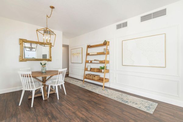 Dining room, Interior, Pendant Lights, Wood Texture Flooring