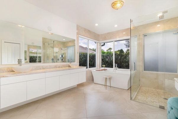 Bathroom, Dual Sink Vanities, Free Standing Baths, Glass Shower, Interior, Recessed Lighting