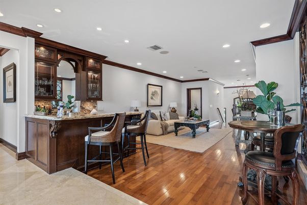 Dining room, Interior, Living room, Recessed Lighting, Wood Texture Flooring