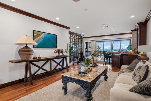 Dining room, Interior, Living room, Recessed Lighting, Water, Wood Texture Flooring