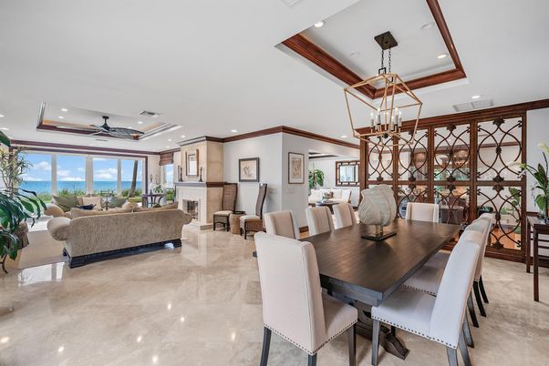 Dining room, Fireplace, Interior, Living room, Pendant Lights, Recessed Lighting, Water