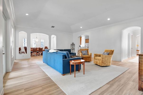 Dining room, Interior, Living room, Pendant Lights, Recessed Lighting, Wood Texture Flooring