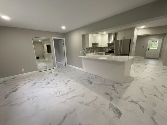 Empty room, Interior, Kitchen, Marble, Recessed Lighting