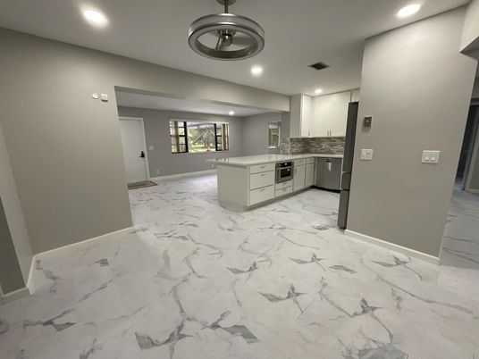 Interior, Kitchen, Marble, Pendant Lights, Recessed Lighting, Stainless Steel Appliances