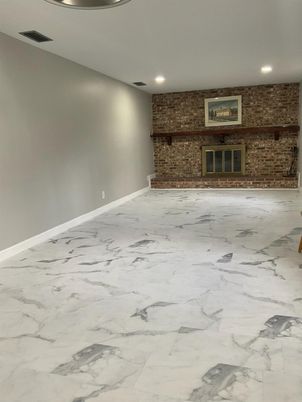 Empty room, Fireplace, Interior, Marble, Recessed Lighting, Stone Walls