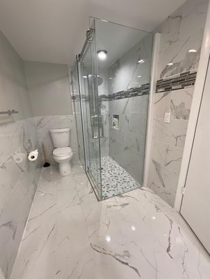 Bathroom, Glass Shower, Interior, Marble, Marble Walls, Recessed Lighting
