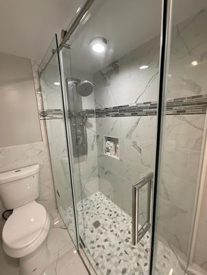 Bathroom, Glass Shower, Interior, Marble Walls, Recessed Lighting