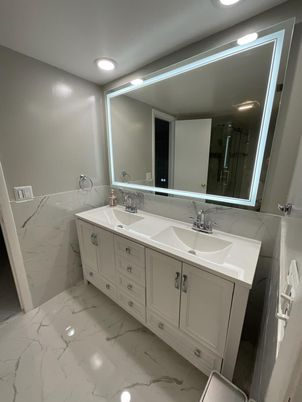 Bathroom, Dual Sink Vanities, Interior, Marble, Recessed Lighting