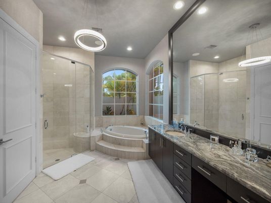 Bathroom, Dual Sink Vanities, Glass Shower, Interior, Pendant Lights, Recessed Lighting