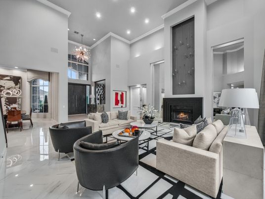 Chandelier, Fireplace, Interior, Living room, Marble, Pendant Lights, Recessed Lighting