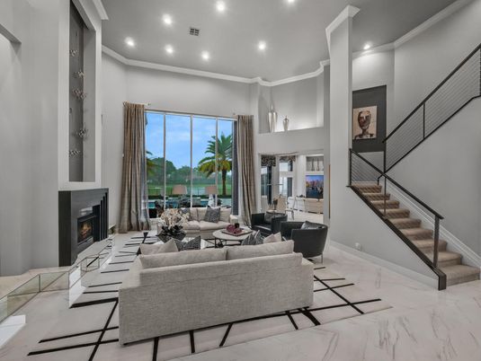 Fireplace, Interior, Living room, Marble, Recessed Lighting