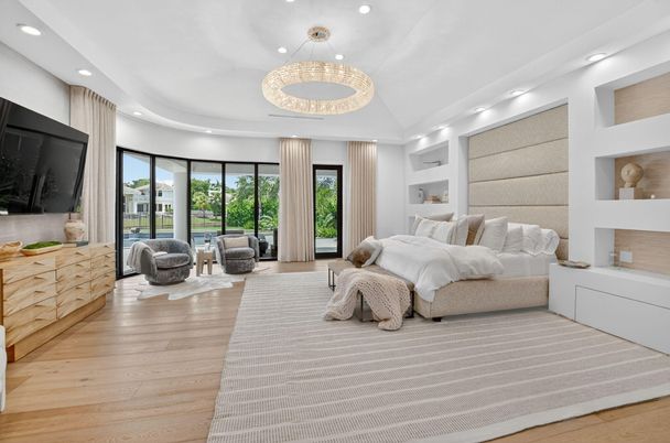 Bedroom, Chandelier, Interior, Recessed Lighting, Wood Texture Flooring