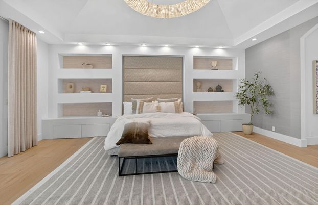 Bedroom, Interior, Recessed Lighting, Wood Texture Flooring