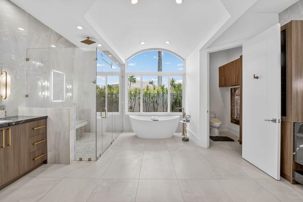 Bathroom, Free Standing Baths, Glass Shower, Interior, Marble Walls, Recessed Lighting