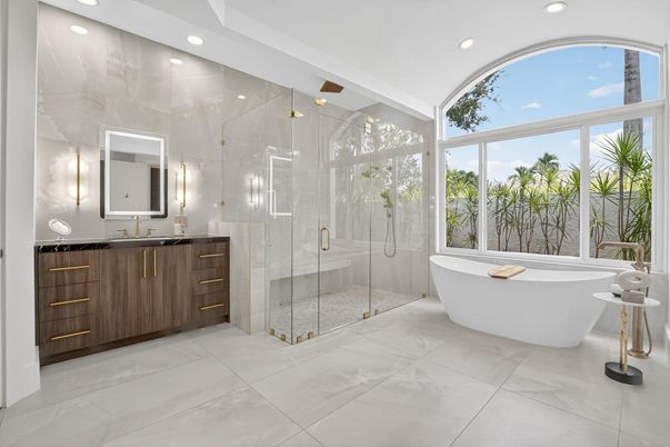 Bathroom, Dual Sink Vanities, Free Standing Baths, Glass Shower, Interior, Marble Walls, Recessed Lighting