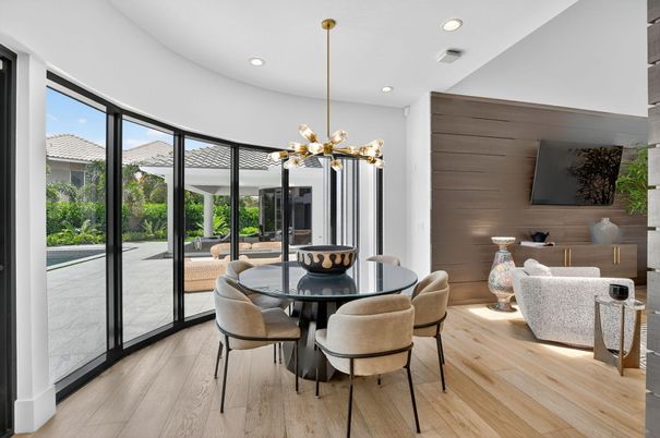 Dining room, Interior, Living room, Pendant Lights, Recessed Lighting, Wood Texture Flooring