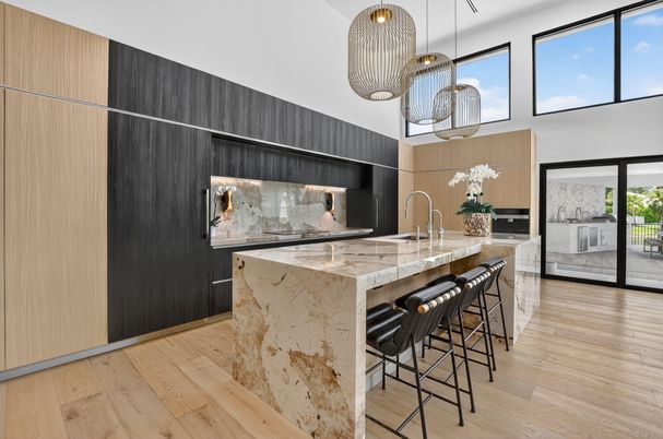 Interior, Kitchen, Pendant Lights, Wood Texture Flooring