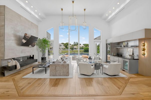 Dining room, Fireplace, Interior, Living room, Pendant Lights, Recessed Lighting, Wood Texture Flooring