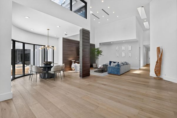 Dining room, Interior, Living room, Pendant Lights, Recessed Lighting, Wood Texture Flooring
