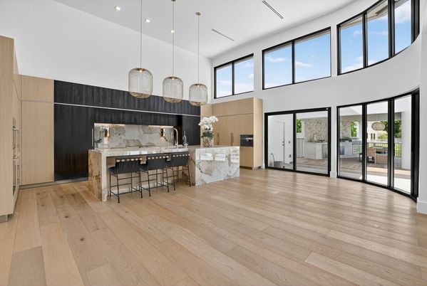 Interior, Kitchen, Marble Walls, Pendant Lights, Recessed Lighting, Wood Texture Flooring