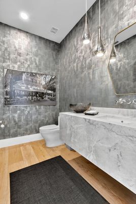 Bathroom, Interior, Pendant Lights, Recessed Lighting, Wood Texture Flooring
