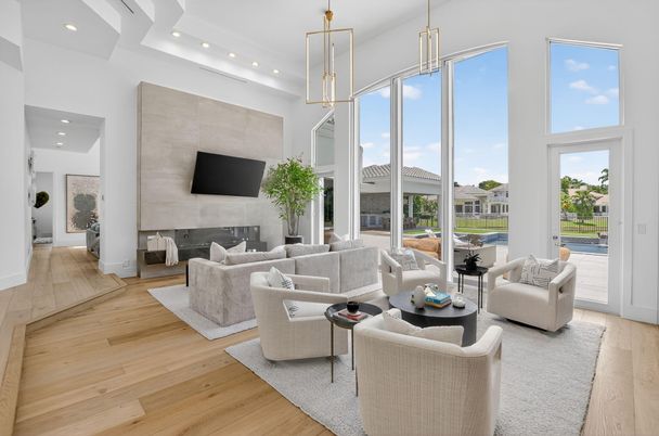 Fireplace, Interior, Living room, Pendant Lights, Recessed Lighting, Wood Texture Flooring
