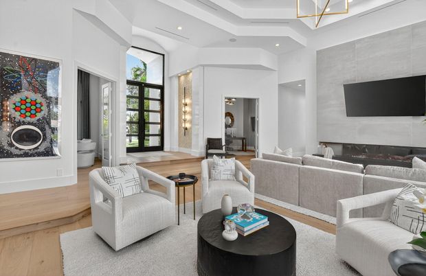 Bathroom, Fireplace, Interior, Living room, Recessed Lighting, Wood Texture Flooring