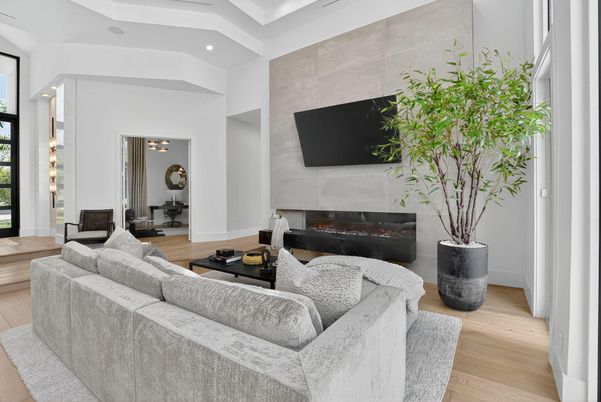 Fireplace, Interior, Living room, Recessed Lighting, Wood Texture Flooring