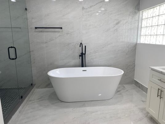 Bathroom, Free Standing Baths, Glass Shower, Interior, Marble, Marble Walls, Recessed Lighting