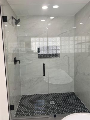 Bathroom, Glass Shower, Interior, Marble Walls, Recessed Lighting