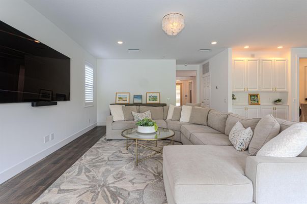 Chandelier, Interior, Living room, Recessed Lighting, Wood Texture Flooring