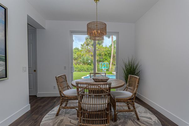 Dining room, Interior, Pendant Lights, Wood Texture Flooring