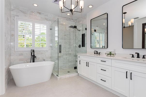 Bathroom, Dual Sink Vanities, Free Standing Baths, Glass Shower, Interior, Marble Walls, Pendant Lights, Recessed Lighting