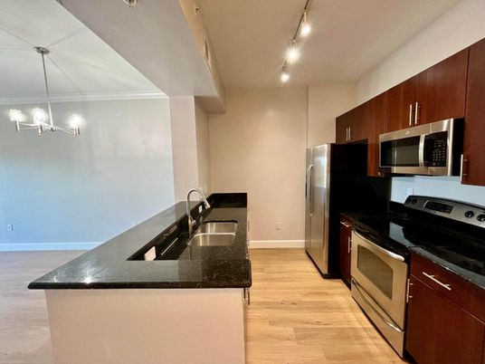 Interior, Kitchen, Pendant Lights, Stainless Steel Appliances, Wood Texture Flooring
