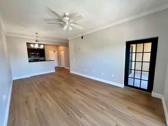 Empty room, Interior, Kitchen, Pendant Lights, Wood Texture Flooring