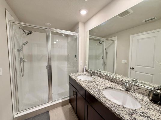 Bathroom, Dual Sink Vanities, Glass Shower, Interior, Recessed Lighting