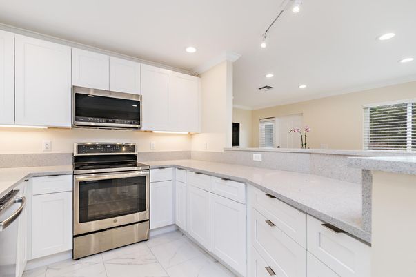 Interior, Kitchen, Marble, Recessed Lighting, Stainless Steel Appliances