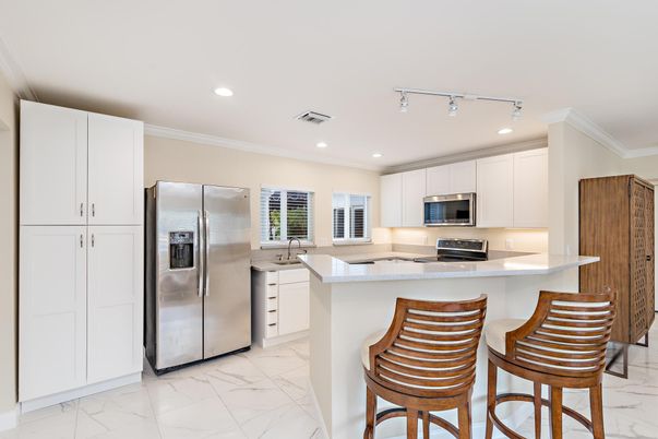 Interior, Kitchen, Marble, Recessed Lighting, Stainless Steel Appliances