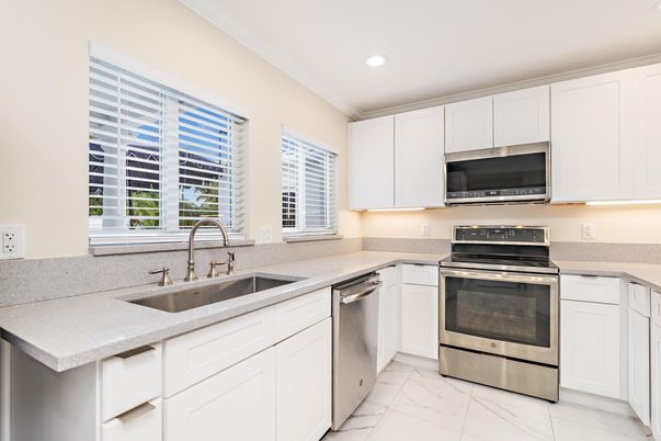 Interior, Kitchen, Marble, Recessed Lighting, Stainless Steel Appliances