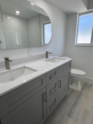 Bathroom, Dual Sink Vanities, Interior, Recessed Lighting, Wood Texture Flooring