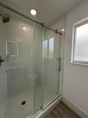 Bathroom, Glass Shower, Interior, Recessed Lighting, Wood Texture Flooring