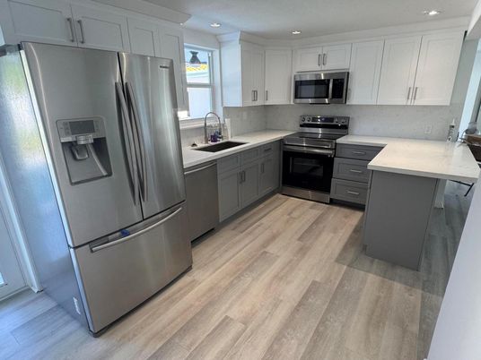 Interior, Kitchen, Recessed Lighting, Stainless Steel Appliances, Wood Texture Flooring